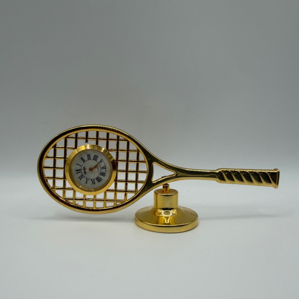 Homer Gold Tone Tennis Racket Miniature Desk Clock Japan Quartz Movement